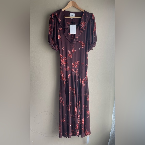 Reformation Dresses & Skirts - New Reformation Women Brown Long Floral Shorts Sleeve Dress 4